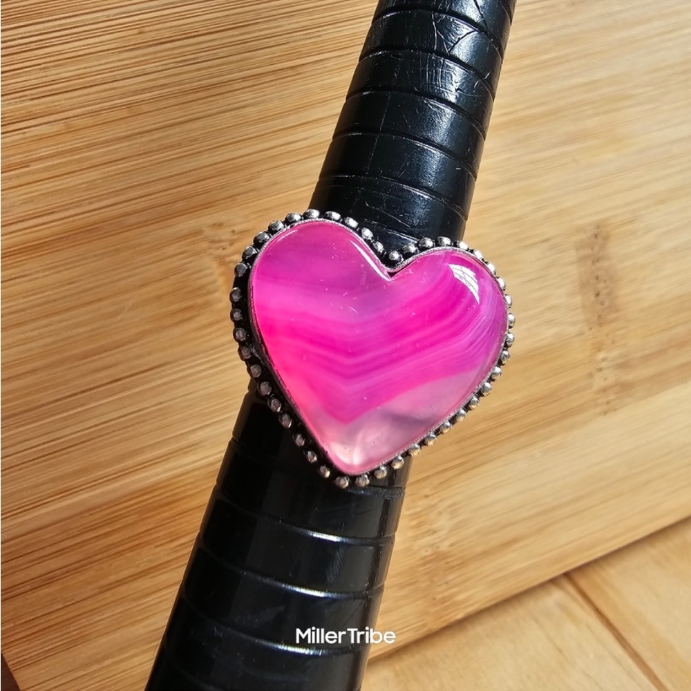 New Pink Botswana agate heart  Handmade Ring Size-7.75 stamped 925